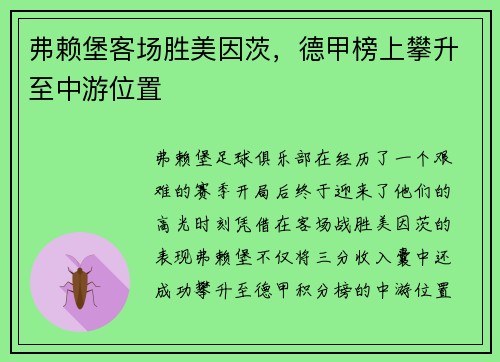 弗赖堡客场胜美因茨，德甲榜上攀升至中游位置